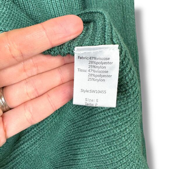 Elan Keegan Green Cable Knit Ribbed Criss-Cross Front High Neck Relaxed Sweater - Picture 9 of 9